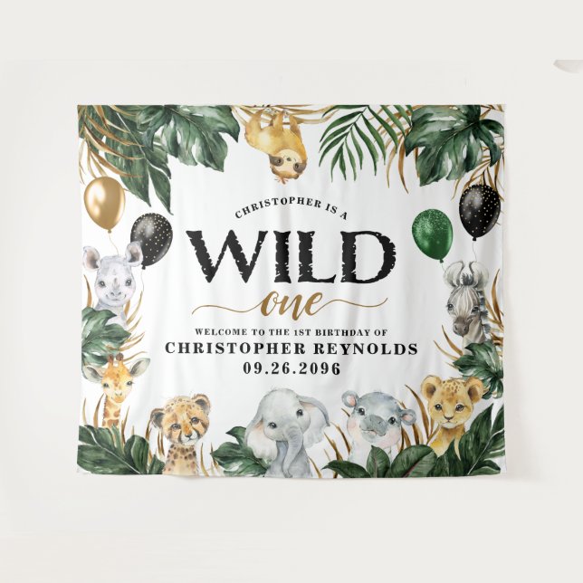 Wild One Jungle Safari 1st Birthday Party Backdrop (Front (Horizontal))