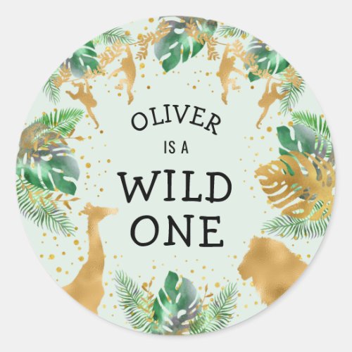 Wild One Jungle Safari 1st Birthday Party Green Classic Round Sticker
