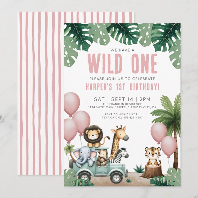 Wild One Jungle Safari 1st Birthday Party Invitation (Front/Back)