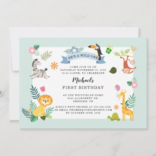 Wild One Jungle Safari Animal 1st Birthday Invitation