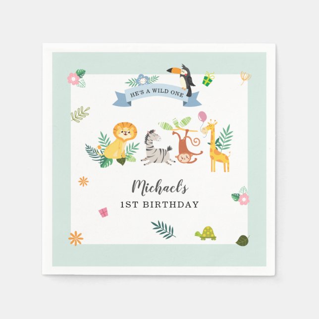 Wild One Jungle Safari Animal 1st Birthday Paper Napkins (Front)