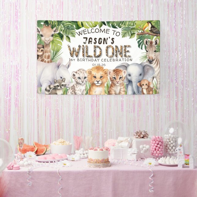 Stendardo Compleanno Forest Animal Party – Gufi, Volpi E Orsi Per Decorazioni Tema Giungla