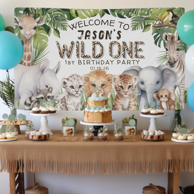 Wild One Jungle Safari Animal 1st birthday welcome Banner (Wild one birthday banner backdrop, Safari jungle animals boy 1st birthday banner)