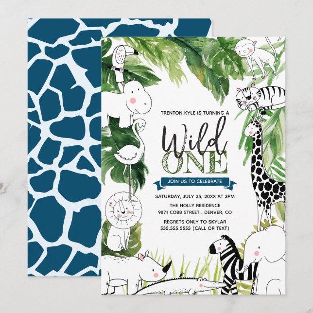 Wild One Jungle Safari Animal Boys First Birthday Invitation (Front/Back)
