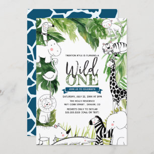 Wild One Jungle Safari Animal Boys First Birthday Invitation