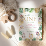 Wild One Jungle Safari Animal Gold 1st Birthday Invitation<br><div class="desc">Cute gold and green jungle & safari themed "Wild One" 1st birthday invitation featuring wild animal and tropical leaves design with gold and green leaf pattern on the back.</div>