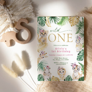 Wild One Jungle Safari Animal Gold 1st Birthday Invitation