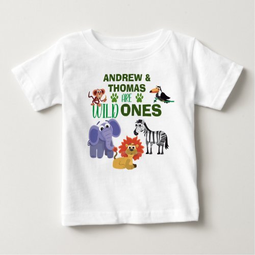 Wild One Jungle Safari Animal Twins First Birthday Baby T_Shirt