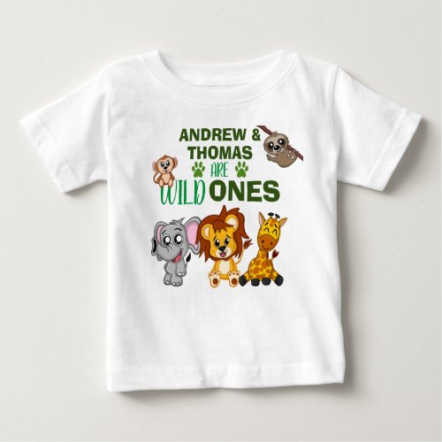 Wild One Jungle Safari Animal Twins First Birthday Baby T_Shirt