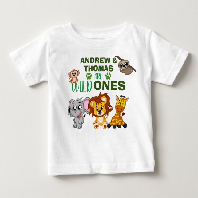 Wild One Jungle Safari Animal Twins First Birthday Baby T-Shirt (Front)