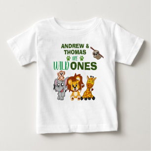 Wild One Jungle Safari Animal Twins First Birthday Baby T-Shirt