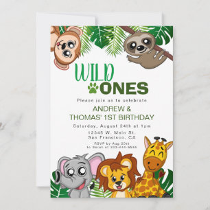 Wild One Jungle Safari Animal Twins First Birthday Invitation