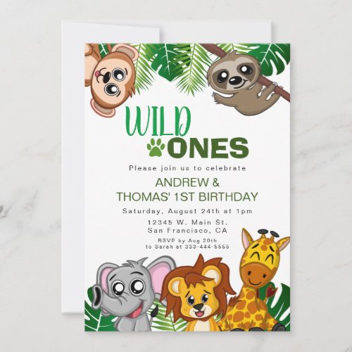 Wild One Jungle Safari Animal Twins First Birthday Invitation