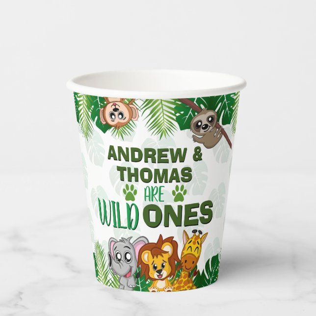 Wild One Jungle Safari Animal Twins First Birthday Paper Cups (Front)