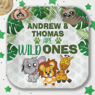 Wild One Jungle Safari Animal Twins First Birthday Paper Plates