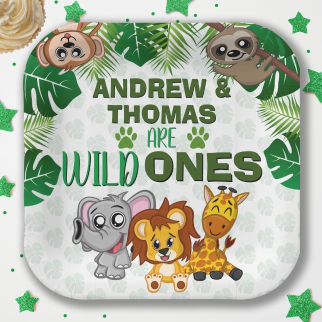Wild One Jungle Safari Animal Twins First Birthday Paper Plates (Creator Uploaded)