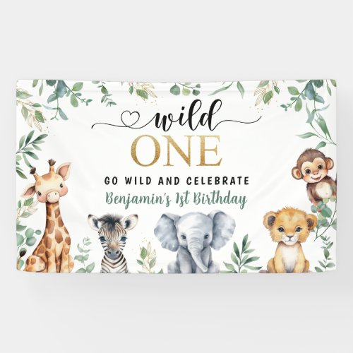 Wild One Jungle Safari Animals 1st Birthday Banner