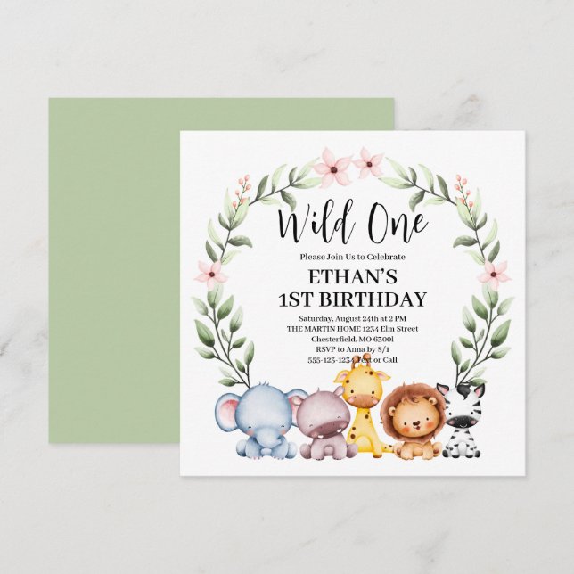 Wild One Jungle Safari Animals 1st Birthday Invitation (Front/Back)