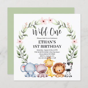 Wild One Jungle Safari Animals 1st Birthday Invitation