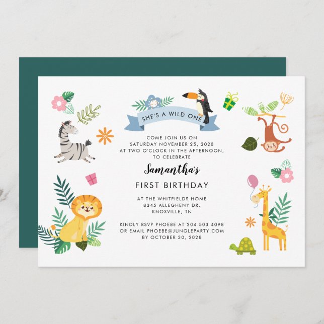 Wild One Jungle Safari Animals 1st Birthday Invitation (Front/Back)