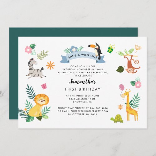 Wild One Jungle Safari Animals 1st Birthday Invitation