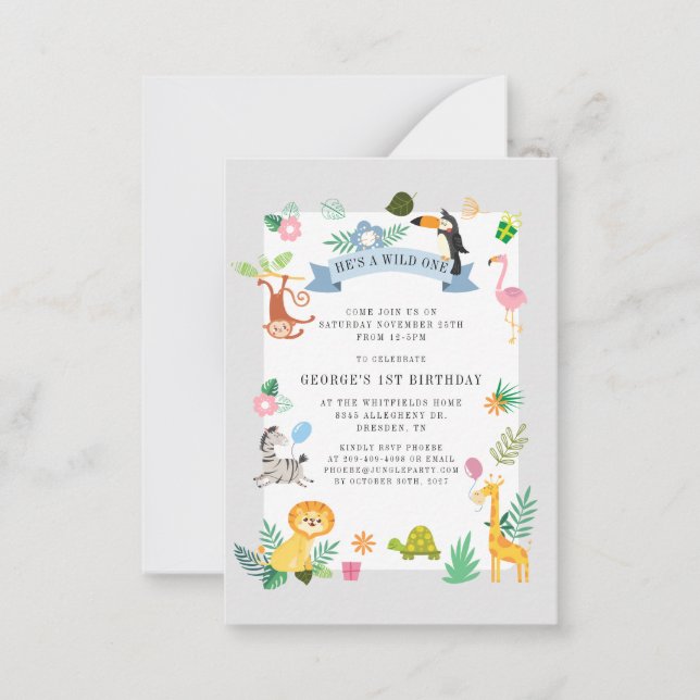 Wild One Jungle Safari Animals 1st Birthday Note Card (Front)