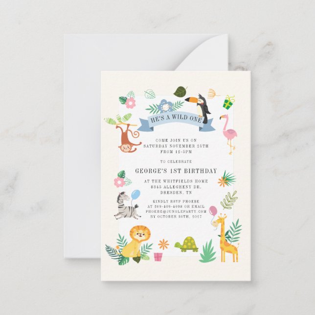 Wild One Jungle Safari Animals 1st Birthday Note Card (Front)