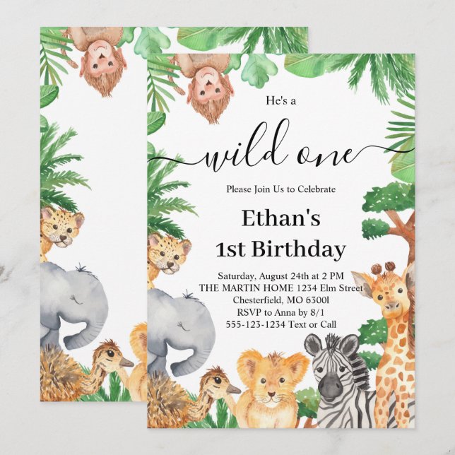 Wild One Jungle Safari Animals 1st Birthday Party  Invitation (Front/Back)