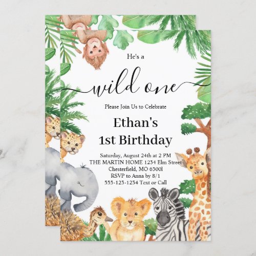 Wild One Jungle Safari Animals 1st Birthday Party  Invitation