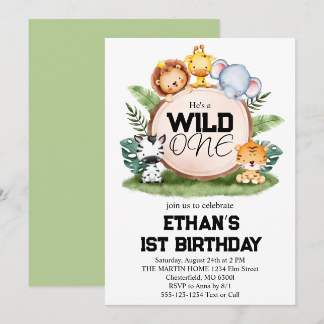 Wild One Jungle Safari Animals 1st Birthday Party  Invitation (Front/Back)
