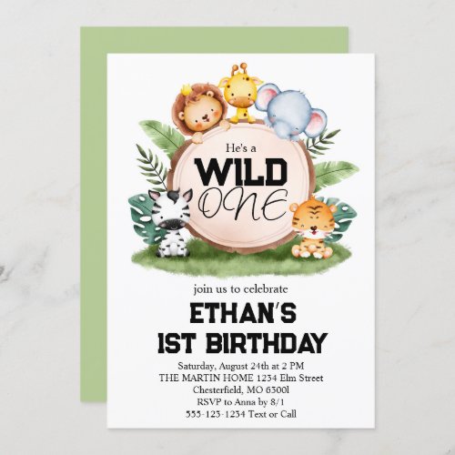 Wild One Jungle Safari Animals 1st Birthday Party  Invitation