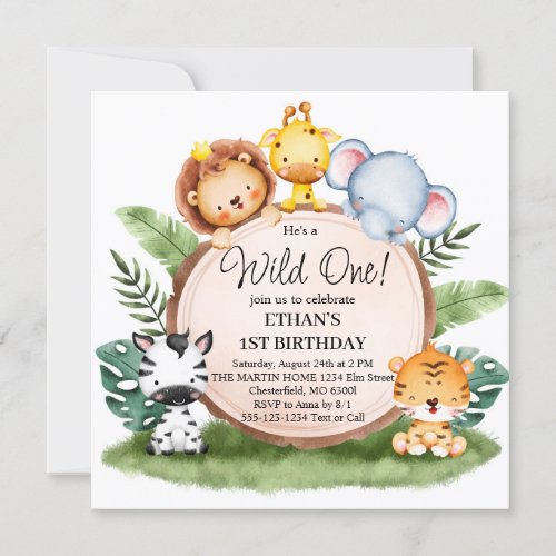 Wild One Jungle Safari Animals 1st Birthday Party  Invitation