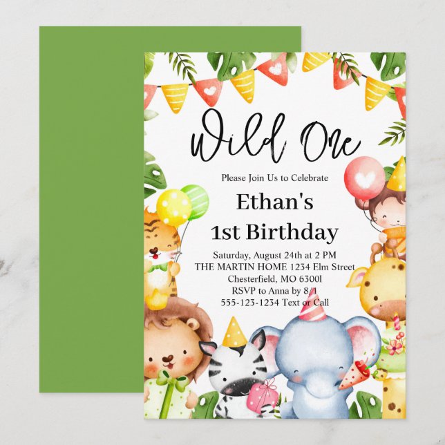 Wild One Jungle Safari Animals 1st Birthday Party  Invitation (Front/Back)
