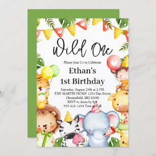 Wild One Jungle Safari Animals 1st Birthday Party Invitation