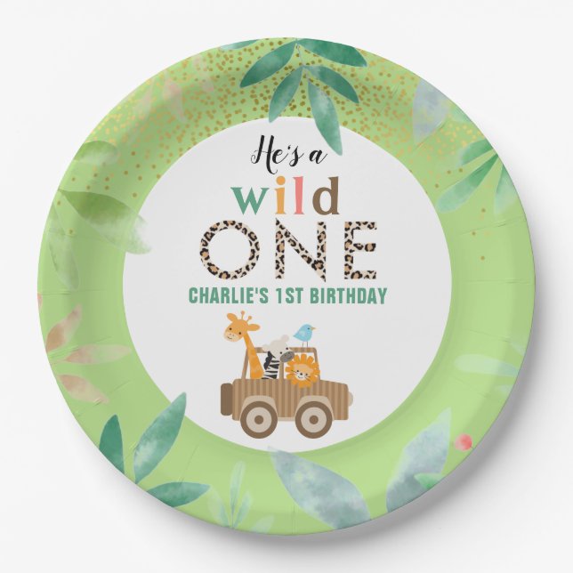 Wild One Jungle Safari Animals 1st Birthday Party  Paper Plates (Front)
