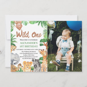 Wild One Jungle Safari Animals 1st Birthday Photo Invitation