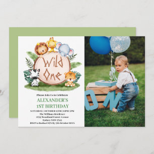 Wild One Jungle Safari Animals 1st Birthday Photo Invitation