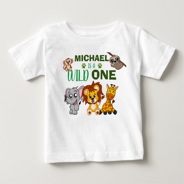 Wild One Jungle Safari Animals 1st First Birthday Baby T-Shirt (Front)