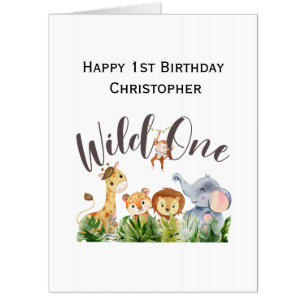 Wild One Jungle Safari Animals 1st First Birthday Card