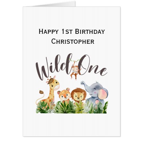 Wild One Jungle Safari Animals 1st First Birthday Card