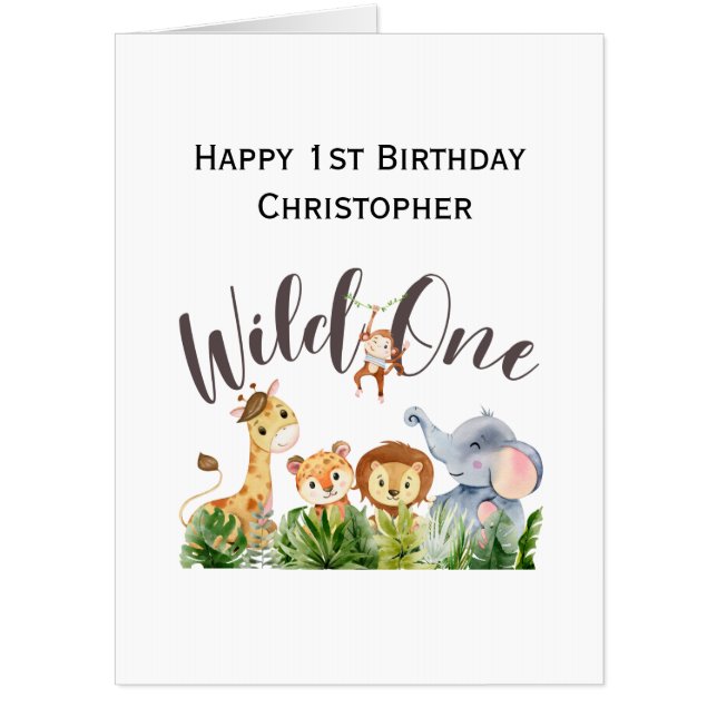 Wild One Jungle Safari Animals 1st First Birthday Card (Front)