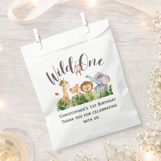 Wild One Jungle Safari Animals 1st First Birthday  Favor Bag (Clipped)