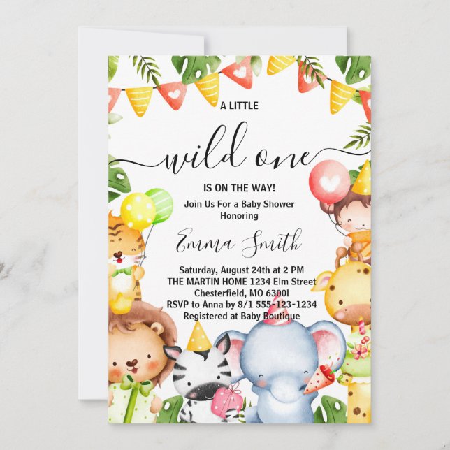 Wild One Jungle Safari Animals Baby Shower Invitat Invitation (Front)