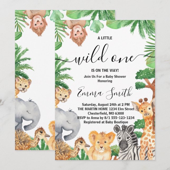Wild One Jungle Safari Animals Baby Shower Invitation (Front/Back)