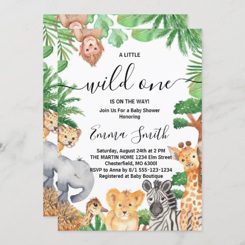 Wild One Jungle Safari Animals Baby Shower Invitation