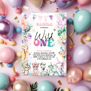 Wild One Jungle Safari Animals Birthday Invitation