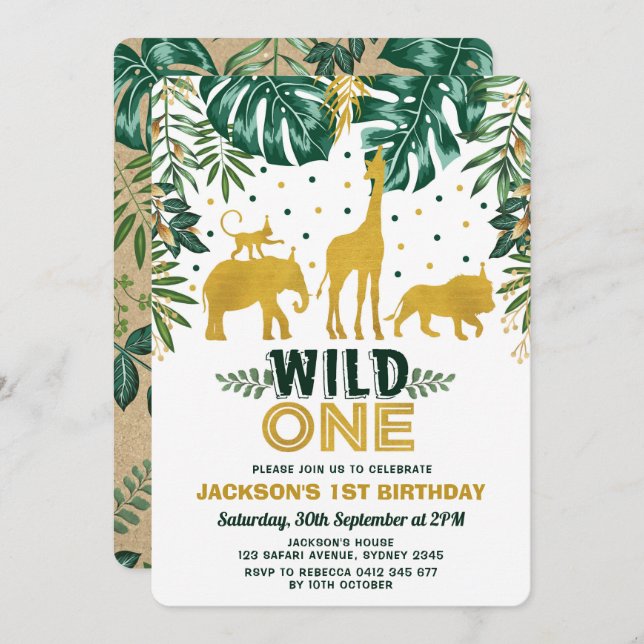 Wild One Jungle Safari Animals Birthday Party Invitation (Front/Back)