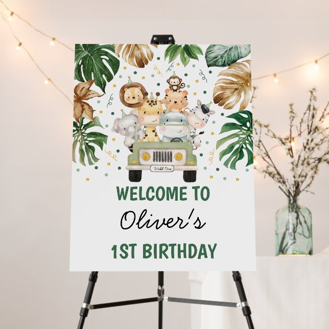 Wild One Jungle Safari Animals Birthday Welcome Foam Board (In Situ (Stand))