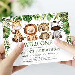 Wild One Jungle Safari Animals Boy 1st Birthday Invitation<br><div class="desc">Celebrate your little wild one turning one with this whimsical safari themed birthday invitation. The design features a group of adorable jungle animals and tropical watercolor greenery in green and gold.</div>