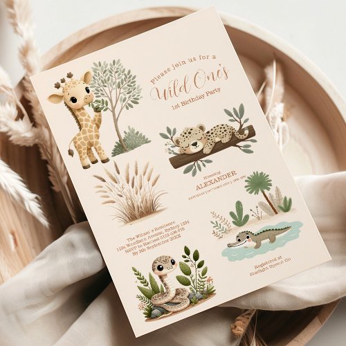 Wild One Jungle Safari Animals Boy 1st Birthday Invitation